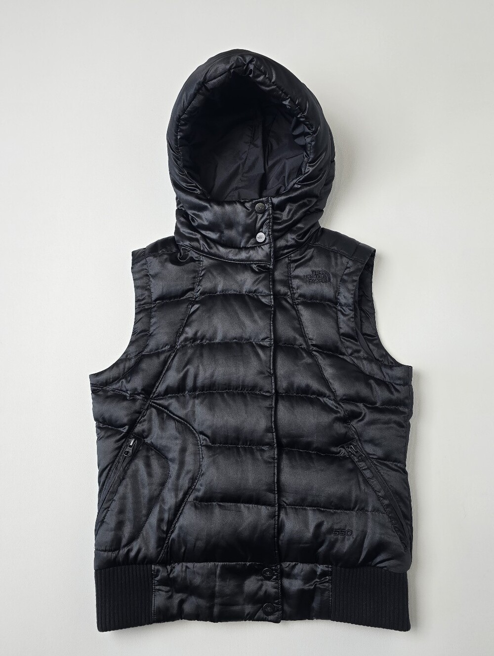 The North Face 550 Down Hooded Puffer Vest Black Satin Women's Size S